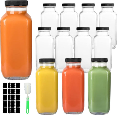 GUANENA 12 Pack Glass Drink Bottles, 16 OZ Vintage Square Water Bottles