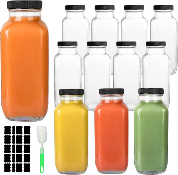 GUANENA 12 Pack Glass Drink Bottles, 16 OZ Vintage Square Water Bottles