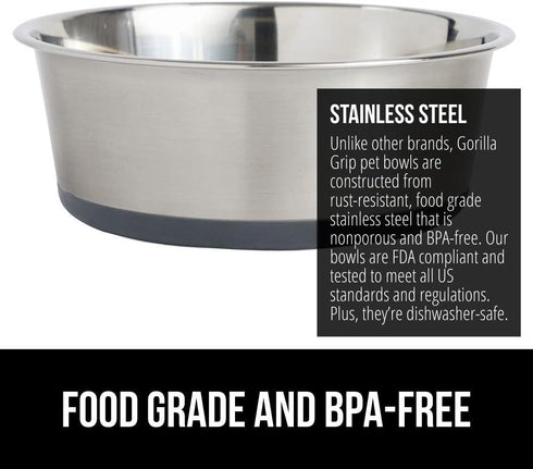 Gorilla Grip Stainless Steel Dog Bowl Set of 2, Heavy Duty Feeding Dishes with Rubber Base, Holds 6 Cups, Gray