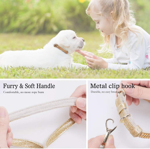 PetsHome Dog Leash with Bling Rhinestones - Premium PU Leather, Durable 5 FT Leash for Small to Medium Dogs, Gold