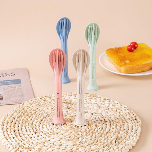 Generic 3PCS Set 3 1 Wheat Straw Cutlery, Reusable Utensils Portable Travel in Spoon Fork Knife Tableware