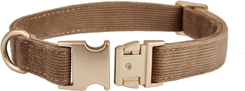 Soft Cotton Dog Collar with Metal Buckle Adjustable Heavy Duty Comfy Corduroy for Small Medium Large Dogs, Brown