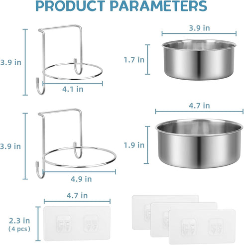 2 Pcs Small Wall Mounted Cat Bowls, Elevated Hanging Puppy Food and Water Bowls Stainless Steel Non-Spill Kitten Feeding Dish with Wall Mounted Hook for Small Pets (4x1.7'' & 4.7x2'')