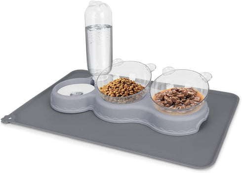 YECERCAN Triple Cat Bowls for Food and Water, 3 in 1 Pet Feeder with Automatic Water Bottle & Waterproof Mat