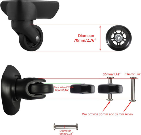 OwnMy Luggage Suitcase Replacement Wheels, 70mm x 24mm Rubber Swivel Caster, Set of 2 Bearings Repair Kits