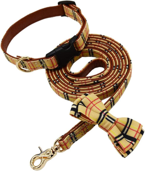 Bowtie Dog Collar and Leash Set, Classic Plaid Adjustable Collar with Removable Bow Tie for Small Medium Large Dogs