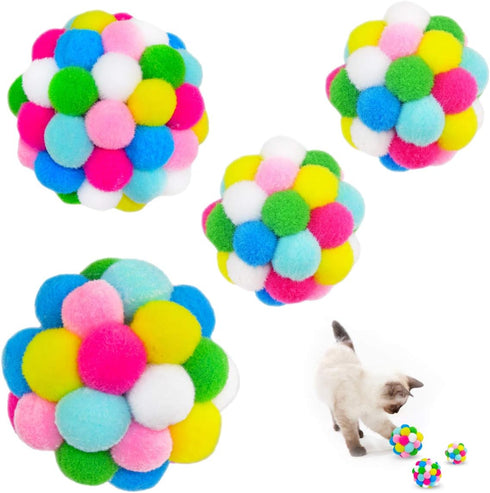 MAIYU Cat Toy Balls (4 PCS) - Colorful Interactive Cat Ball Toy with Built-in Bell, Soft Pompom Balls for Indoor Cats