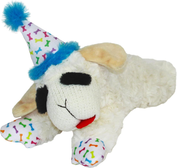Multipet Lamb Chop Dog Plush Toy w/Birthday Hat - Squeaky Toy for