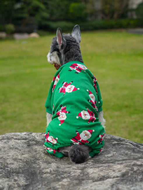 Cute Santa Claus Christmas Dog Pajamas PJS, Green Holiday Pet Clothes Jammies Onsie, Back Length 12" Small