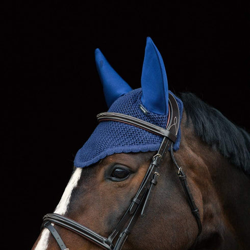 HORZE Supreme Peacoat Dark Blue Crochet Ear Bonnet - Sound Dampening Fly Protection for Sensitive Horses