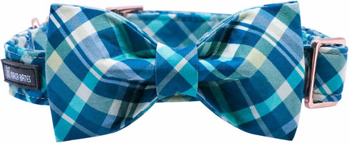 Maca Bates Plaid Blue Dog Collar with Checkered Bow Tie, Adjustable Breakaway Collar for Small, Medium, Large Dogs