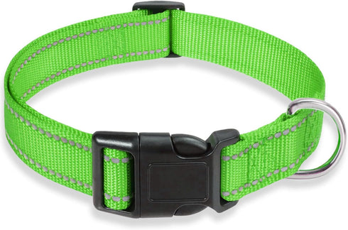 Reflective Dog Collar with Buckle - Adjustable Safety Nylon Collars for Small Medium Large Dogs, Grass Green M