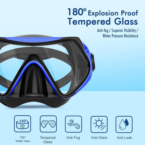 JRing Set 180 Swimming, Snorkeling Gear for Adults, Snorkel Mask with Degree Tempered Glass Anti Fog Goggles Scuba Dry