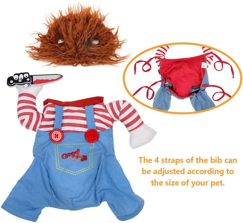 Dog Deadly Doll Costume, Pet Halloween Chucky Cosplay Accessories with Wig & Knife for Puppy, Cat, L Size (F)