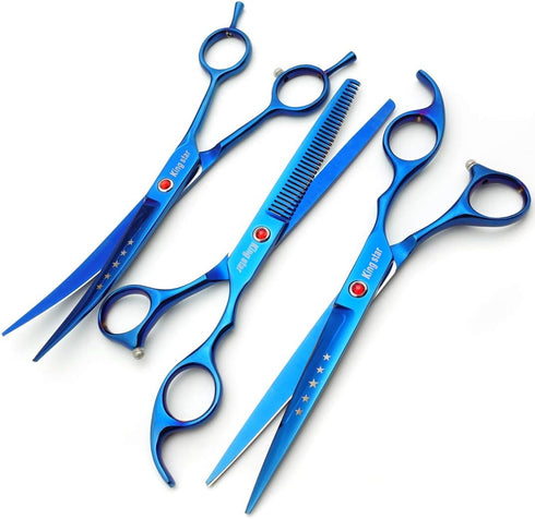 7.0in Titanium Professional Pet Grooming Scissors Set, 3pcs Straight & Thinning & Curved for Dog Grooming