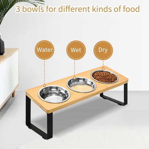 Raised Elevated Cat Food Water Bowl, Small Dog 15° Tilted Feeding Tray with 3 Stainless Steel Bowls (Wood Color)