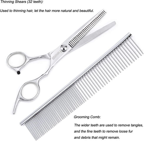 Freewindo Dog Grooming Scissors Kit - Safety Round Tip, Heavy Duty Stainless Steel Scissors and Nail Clippers for Full