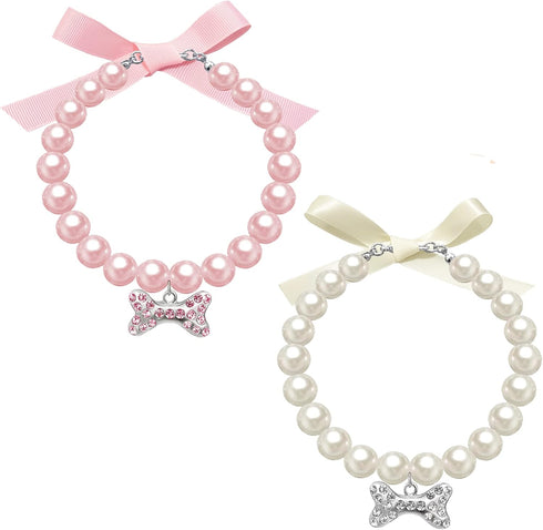 2 Pcs Dog Cat Pearl Collar Necklace, Fancy Rhinestone Bone Jewelry for Girl Cat Puppy Dogs (Pink+White)