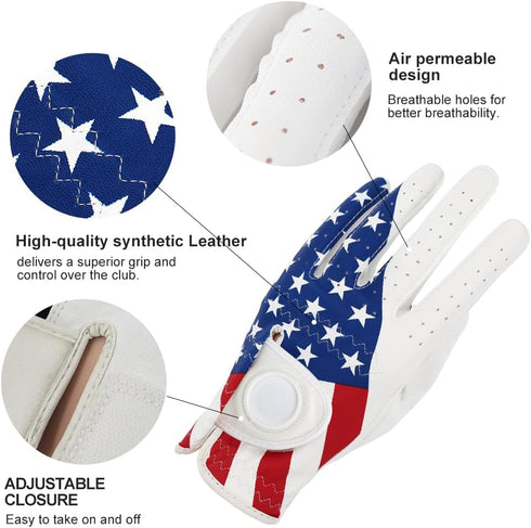 Golf Gloves Left Hand with Ball Marker, Men Women USA Flag Synthetic Leather Adjustable Strap