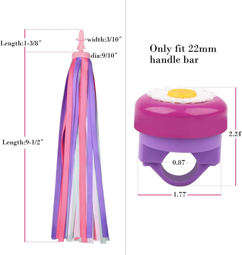 Kids Streamers and Bike Bell for Girls - 1 Pack Flower Bicycle Bell with 2 Pack Handlebar Streamers for Children's Bike