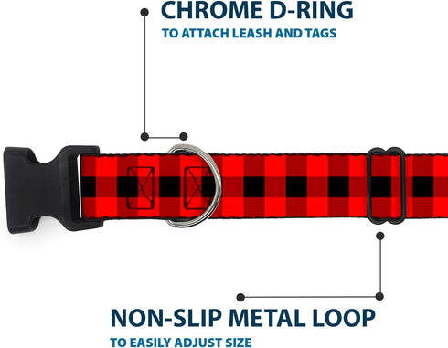 Buckle-Down Plastic Clip Collar - Buffalo Plaid Black/Red - 1" Wide, Fits 15-26" Neck - Large