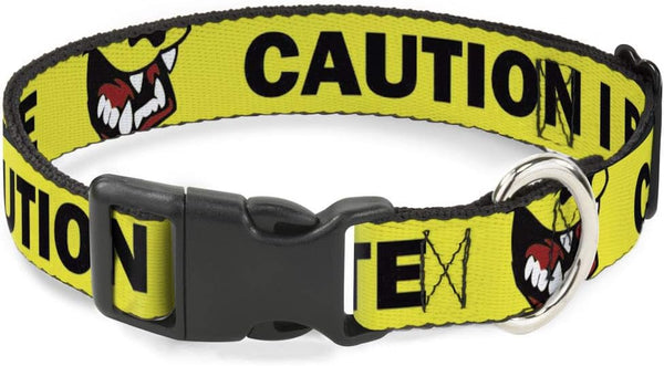 Dog Collar with Plastic Clip, Pet Quote Caution I Bite, Yellow Black, 11 to 17 Inches, 1.0 Inch Wide