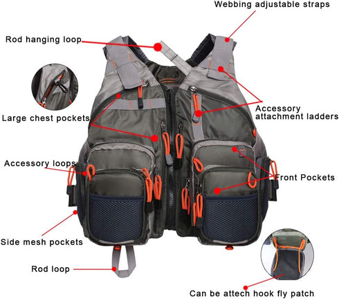 Lightweight Fly Fishing Vest with Multi Pockets - Adjustable Size Mesh Fishing Backpack