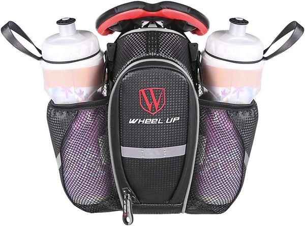 Waterproof Rear Under Seat Bike Saddle Bag, Double Bottle Pouch Bicycle Tail Pocket with Reflective Strip for MTB