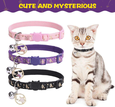 PUPTECK 3 Pack Cat Collar with Bells, Adjustable Breakaway Luminous Safety Collar for Small Kittens, Pink Black Purple
