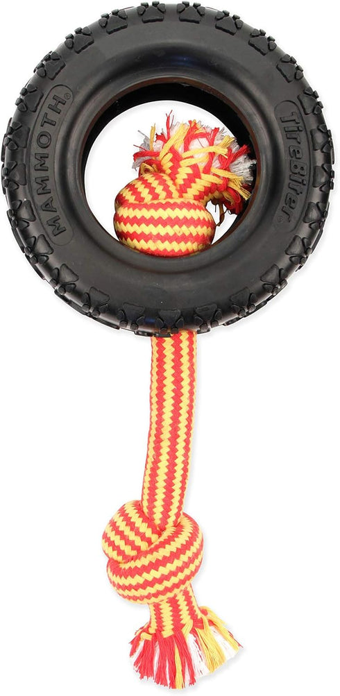 Mammoth TireBiterII with Cotton-Poly Rope - Natural Rubber Dog Toys for Extreme Chewers, Large 6” for Interactive Play