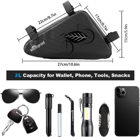 NDakter 2L Waterproof Bicycle Frame Storage Bag, Triangle Pouch for Phone, Wallet, Keys, Tools, Accessories, MTB