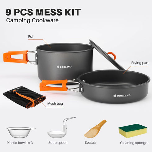 Odoland 9pcs Camping Cookware Non-Stick Lightweight Pots and Pans Set for Outdoor Cooking