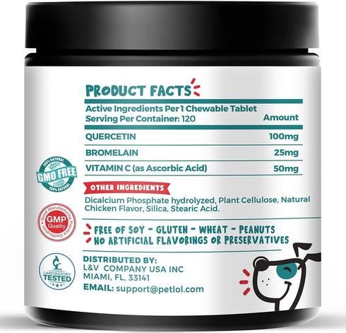 Quercetin for Dogs with Bromelain and Vitamin C, 120 Chewable Tablets for Allergies and Immune Support