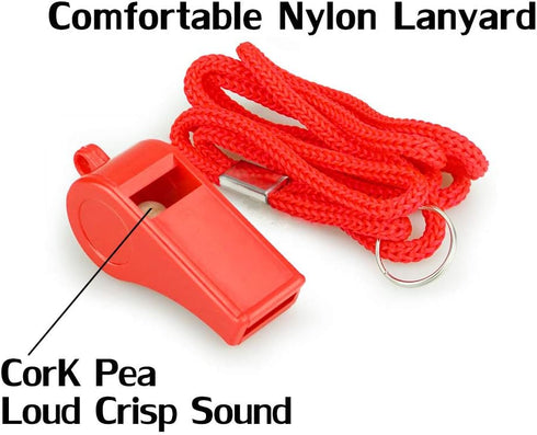 Red Emergency Whistles with Lanyard, Loud Crisp Sound, 2 Packs Plastic Whistles for Lifeguard