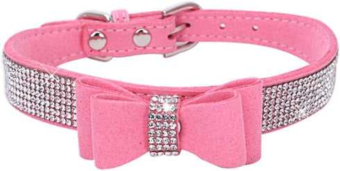 Small Dog Collar, Puppy Rhinestone Bow Knot Crystal Diamond Bling Collar for Girl Puppy Cat, Pink XS