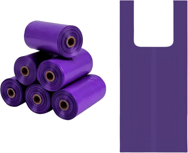 Purple T-Shirt Poop Bags with Easy-Tie Handles Leak-Proof, Extra Thick Waste Bags