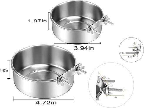 2 PCS Stainless Steel Pet Bowls Anti-Spill Metal Feeder Food and Water Feeding Bowl, Hanging Pet Cage Crate Bowl for Puppy Kennel Medium and Large Pets (4,7x2.2'' & 3.9x2'')