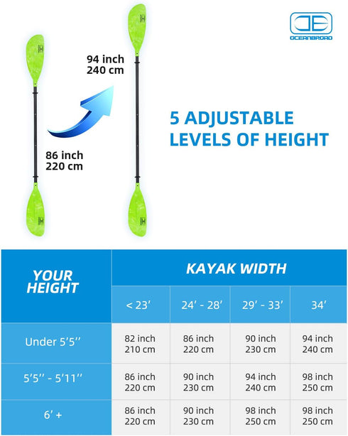 OCEANBROAD Adjustable Kayak Paddle, 86in/220cm to 94in/240cm for Boating and Canoeing