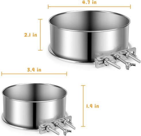 Small Dog Bowls, ShineMe 2 Pack Stainless Steel Pet Bowls Easily Affixes to Crate, Cage or Kennel - Non Spill Food & Water Bowls for Cat, Puppy, Birds, Guinea Pigs, Rabbit (4.7x2.1” & 3.9x1.9”)
