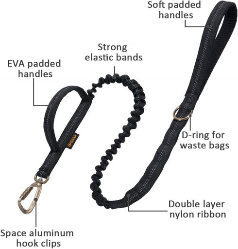 EXCELLENT ELITE SPANKER Tactical Military Dog Leash, Space Aluminum Hook Clips, Elastic Bungee Rope with 2 Handles