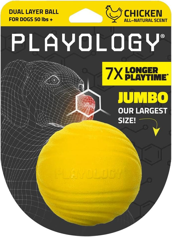Playology Dual Layer Ball for Dogs - All Natural Chicken Scented Yellow Toy - Jumbo Sized for Large Dogs (50 lbs +)