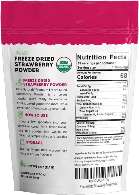 Kate Naturals Organic Freeze Dried Strawberry Powder for Baking, Camping & Drinks, 4 oz Natural Flavoring