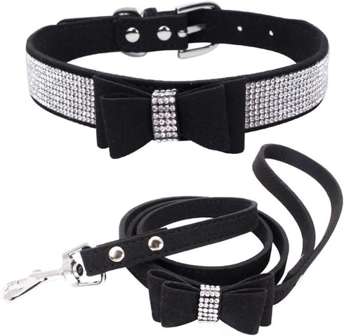 Bow Tie Dog Collar and Leash Set, Bling Rhinestone Crystal Diamond Collars for XXS XS Small Medium Large Dogs, Black S