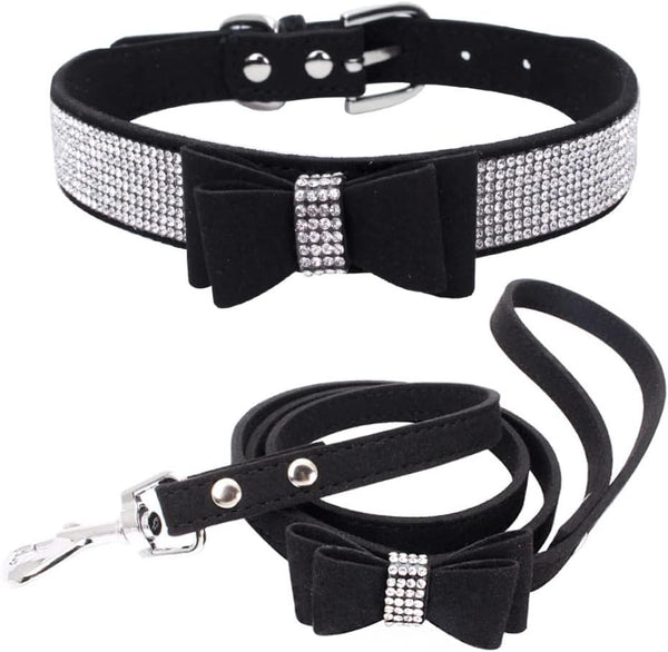 Bow Tie Dog Collar and Leash Set, Bling Rhinestone Crystal Diamond Collars for XXS XS Small Medium Large Dogs, Black S