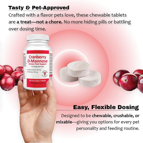 Cranberry D-Mannose Urinary Tract Supplement for Dogs & Cats, 60 Chewable Tablets