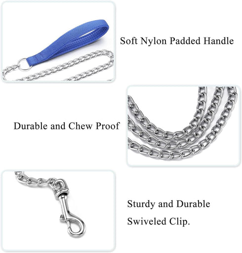 Chrome Plated Chain Dog Leash with Soft Padded Handle for Small Dogs (S, Blue Handle)