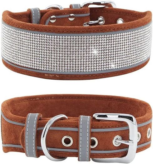Dazzling Rhinestone Dog Collar, Soft Suede Reflective Crystal Diamond Collar for Medium & Large Dogs (L:19-23", Brown)