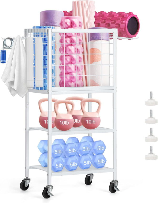 Weight Rack with Hooks for Home Gym, Yoga Mat Storage Organizer, Weight Storage Racks, Wheels for Dumbbell & Resistance