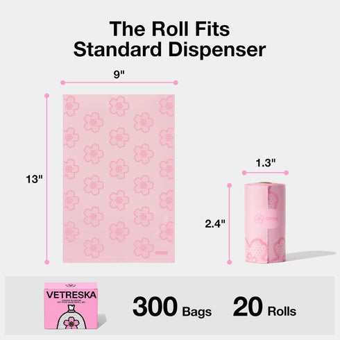 20 300 VETRESKA Cherry Blossom Scented Dog Poop Bags, Leak Proof, Extra Thick and Large Pet Waste Bags for Dog Walking