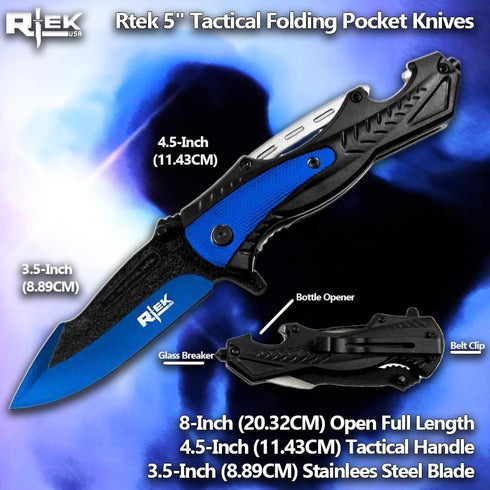 Rtek 5" Tactical Bottle Opener - Glass Break Easy Open Stainless Steel Pocket Folding Knife (Blue)
